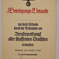 Diplôme de remercîment Paramilitaire HJ 1939 WW2