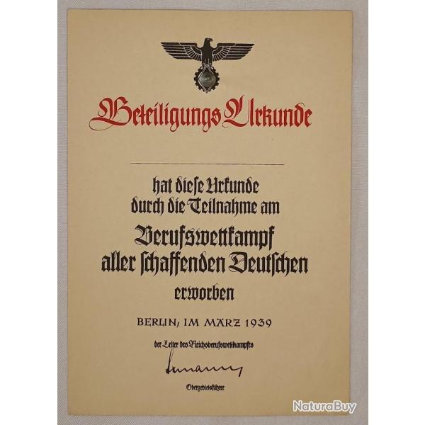 Diplme de remercment Paramilitaire HJ 1939 WW2