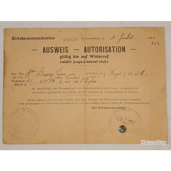 Laisser passez AUSWEIS France juillet 1940 WW2