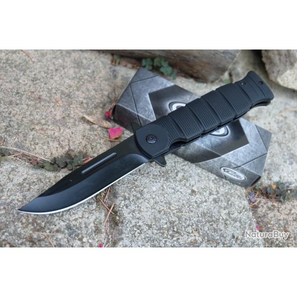 Couteau Semi Automatique Tactical Urban Lame Clip Point Acier Inox Manche Caoutchouc Linerock