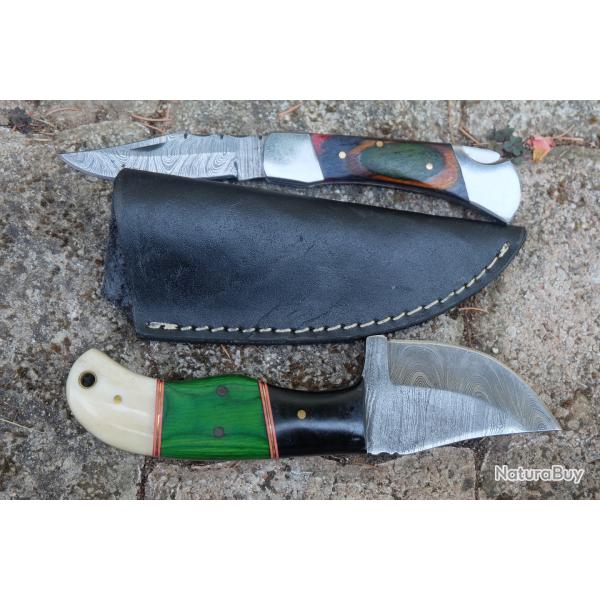 Lot de 2 Couteaux:  Skinner Damas Lame 256 Couches Etui Cuir + Pliant Lame 128 Couches Style Buck