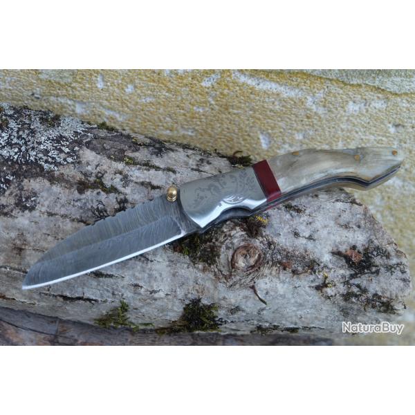 Beau Couteau Damas Lame Sheepfoot 128 Couches Manche Blier Mitres Florale Linerlock Fab Artisanat