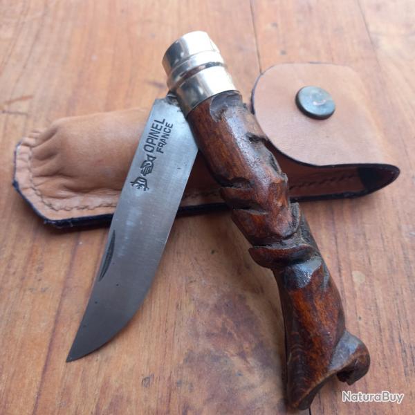 Unique Couteau OPINEL N9 Manche en Bois Sculpt avec tui en cuir