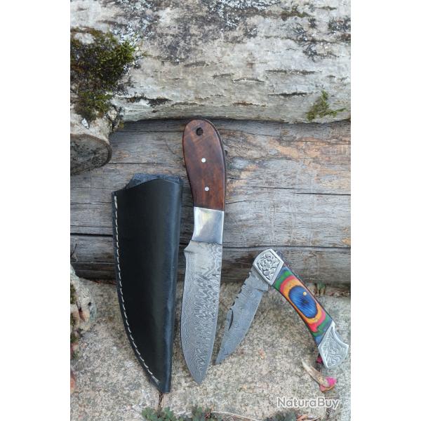 Lot de 2 Couteaux:  Skinner Damas Lame 256 Couches Etui Cuir + Pliant Lame 128 Couches Style Buck 02