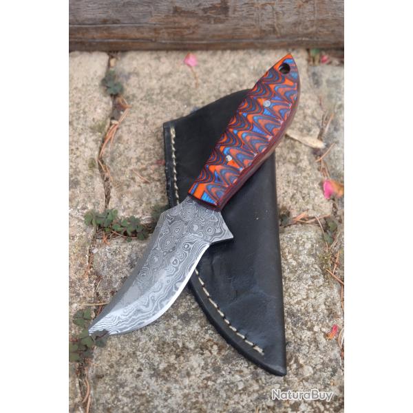 Skinner Couteau de Chasse Damas Lame 256 Couches Manche Bois Blue/Red 3D Fabr Artisanale Etui Cuir01