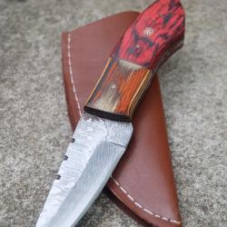 Couteau Skinner Damas Lame Drop Point Acier 256 Couches Manche 2 Bois Etui Cuir Fabric Artisanale