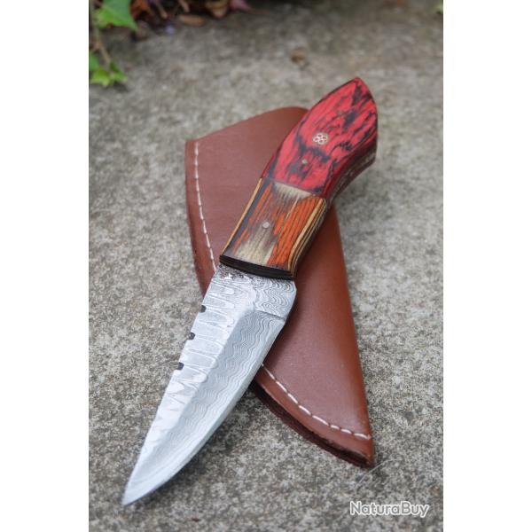 Couteau Skinner Damas Lame Drop Point Acier 256 Couches Manche 2 Bois Etui Cuir Fabric Artisanale