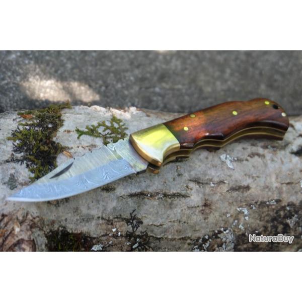 Couteau Lame Damas 128 Couches Manche Bois Faon Buck 112 Lockback Fabr Artisanale