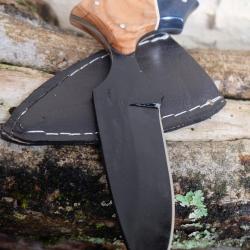 Push Dagger Lame Acier Carbone 1055 black Manche Bois Etui CUir Fabric Artisanale