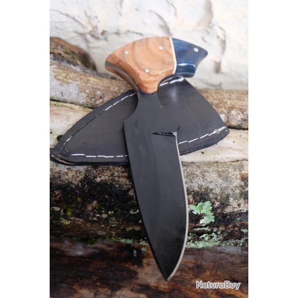 Push Dagger Lame Acier Carbone 1055 black Manche Bois Etui CUir Fabric Artisanale