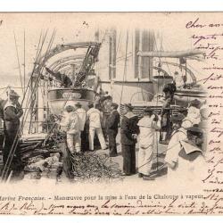 CPA - Marine Française -Manoeuvre pour la mise a l'eau de la Chaloupe a vapeur  N°3465