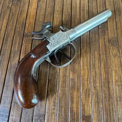 BEAU PISTOLET ELG A COFFRES GRAVÉ PIECE DE POUCE ARGENT DEUX CANONS DEVISSABLE MIROIRS VERS  1830