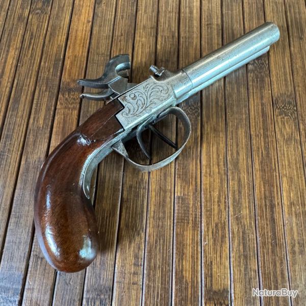 BEAU PISTOLET ELG A COFFRES GRAV PIECE DE POUCE ARGENT DEUX CANONS DEVISSABLE MIROIRS VERS  1830