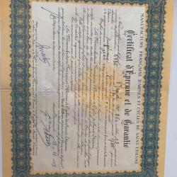 Ancien Certificat Francaise d'armes de Saint-Etienne