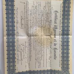Ancien Certificat Francaise d'armes de Saint-Etienne 1941