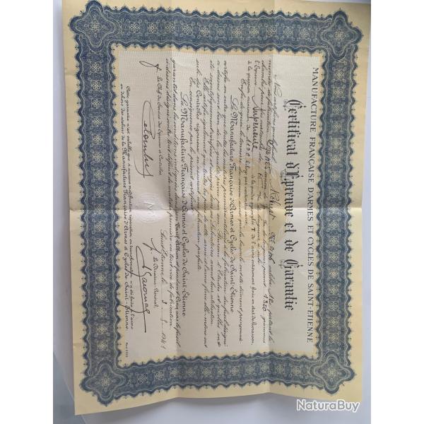 Ancien Certificat Francaise d'armes de Saint-Etienne 1941
