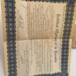 Ancien Certificat Francaise d'armes de Saint-Etienne 1952