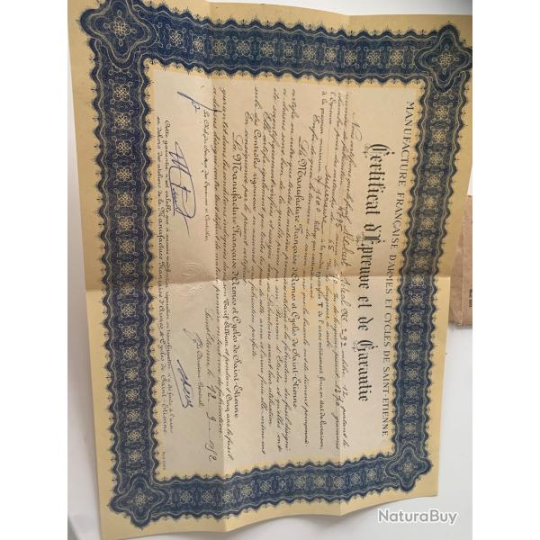 Ancien Certificat Francaise d'armes de Saint-Etienne 1952