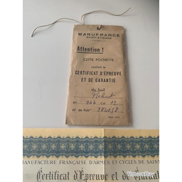 Ancien Certificat Francaise d'armes de Saint-Etienne 1957