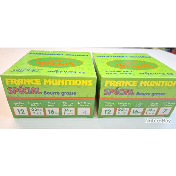 Cartouches FRANCE MUNITIONS cal 12/65 bourre grasse 34gr . x50 N4 et 7