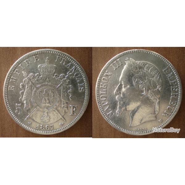 France 5 Francs 1867 Atelier BB Atelier Strasbourg Piece Argent Ecu Napoleon Franc