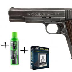 Pack de Noel réplique GBB AWC 1911 Molon Labe 1J + billes + cible + gaz