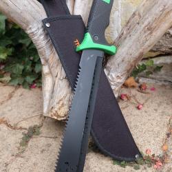 Bowie Couteau Machette Scie Survie Façon Bear Grylls Lame Acier 3Cr13 Manche Green Etui Nylon