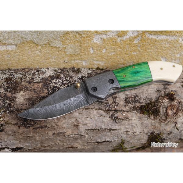 Beau Couteau Damas Lame 128 Couches Manche Bois/Os Mitres Damas Fab Artisanale Linerlock 001