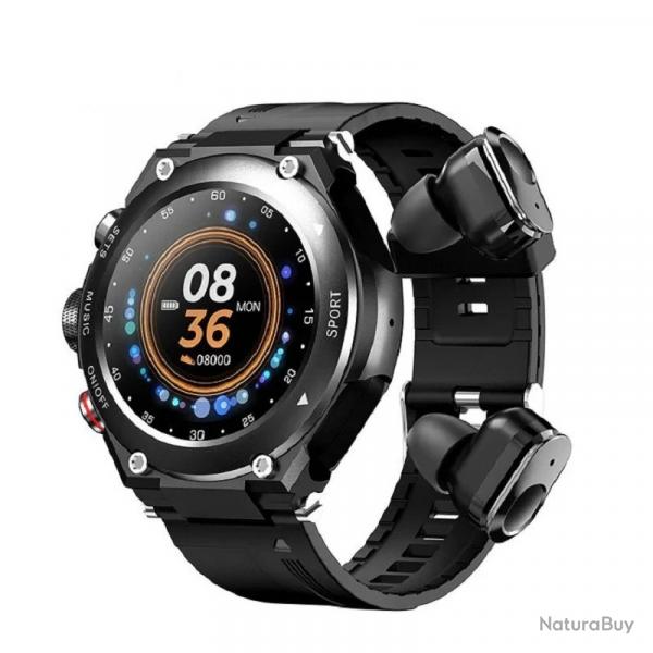 Montre Connecte + couteurs Bluetooth Appel Sport tanche IP67 cran HD 1.28" Autonomie 15J Noir