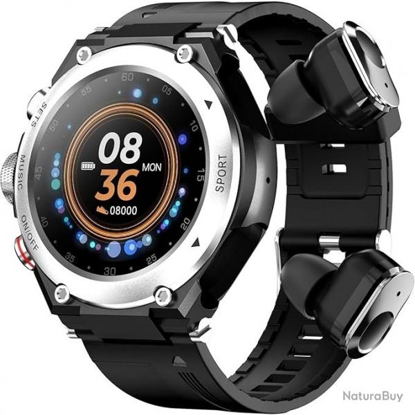 Montre Connecte + couteurs Bluetooth Appel Sport tanche IP67 cran HD 1.28" Autonomie 15J Argent