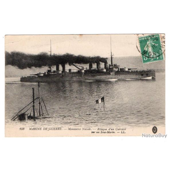 CPA - MARINE DE GUERRE -Manoeuvre Naval,--Attaque d'un Cuirasse par un Sous-Marin -N3509