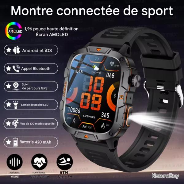 MONTRE CONNECTE MILITAIRE GPS 2025 POUR HOMMES - 5ATM, APPEL BLUETOOTH, MODES SPORT, CHASSE Noir P