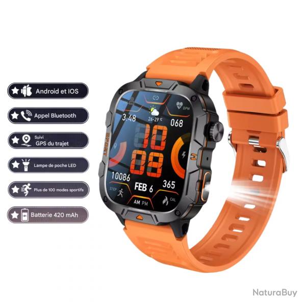 MONTRE CONNECTE MILITAIRE GPS 2025 POUR HOMMES - 5ATM, APPEL BLUETOOTH, MODES SPORT, CHASSE Orange