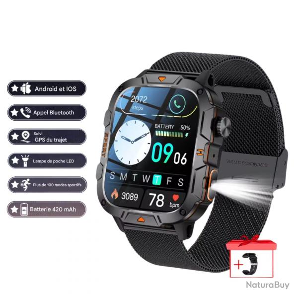 MONTRE CONNECTE MILITAIRE GPS 2025 POUR HOMMES - 5ATM, APPEL BLUETOOTH, MODES SPORT, CHASSE Acier