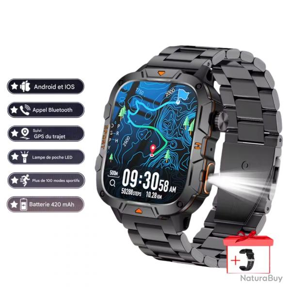 MONTRE CONNECTE MILITAIRE GPS 2025 POUR HOMMES - 5ATM, APPEL BLUETOOTH, MODES SPORT, CHASSE Acier 2
