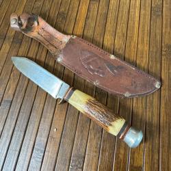 COUTEAU POIGNARD VINTAGE ARTISANAL ALLEMAND MANCHE BOIS DE CERF ÉTUIS CUIR