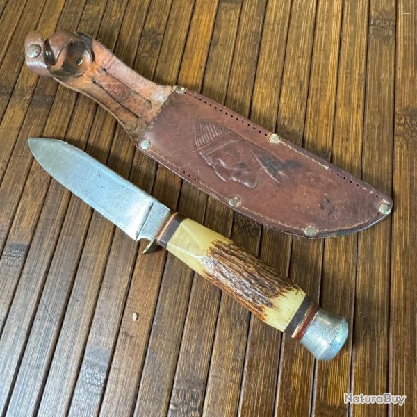 COUTEAU POIGNARD VINTAGE ARTISANAL ALLEMAND MANCHE BOIS DE CERF TUIS CUIR