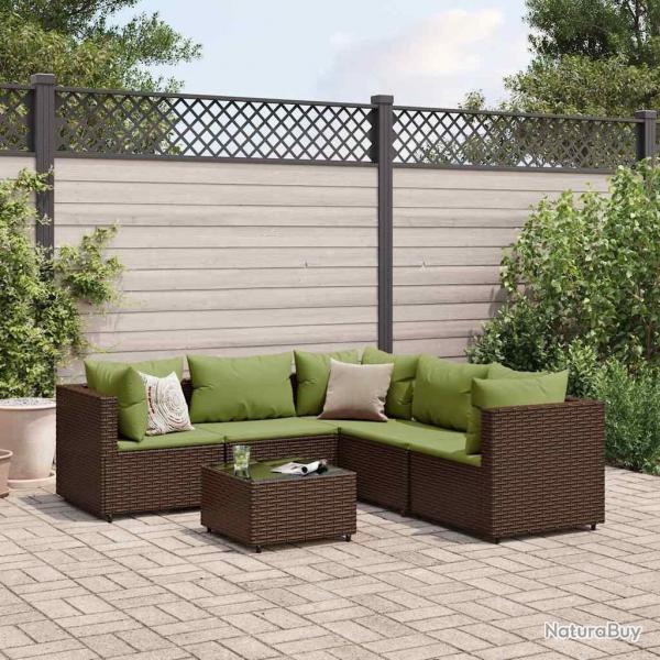 Salon de jardin 6 pcs avec coussins Marron Rsine tresse