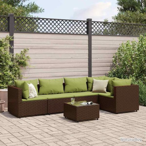 Salon de jardin 6 pcs avec coussins Marron Rsine tresse