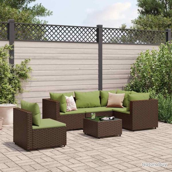 Salon de jardin 6 pcs avec coussins Marron Rsine tresse