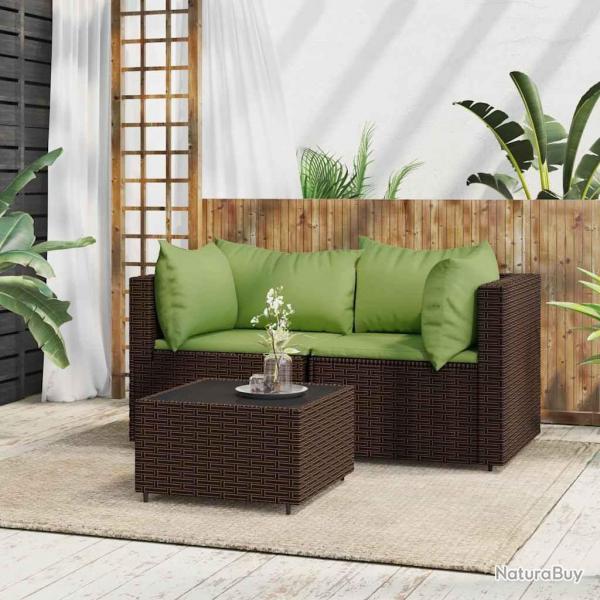 Salon de jardin 3 pcs avec coussins marron rsine tresse