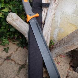 Bowie Couteau Machette Survie Façon Bear Grylls Lame Acier 3Cr13 Black Etui Nylon Manche Orange/Gris