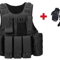 Gilet tactique noir multipoches + Gants tactiques - Airsoft, chasse - Livraison rapide