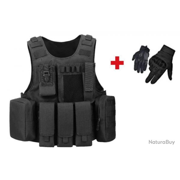 Gilet tactique noir multipoches + Gants tactiques - Airsoft, chasse - Livraison rapide
