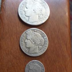 Lots monnaies Ceres argent 2 francs, 1 franc, 20 centimes