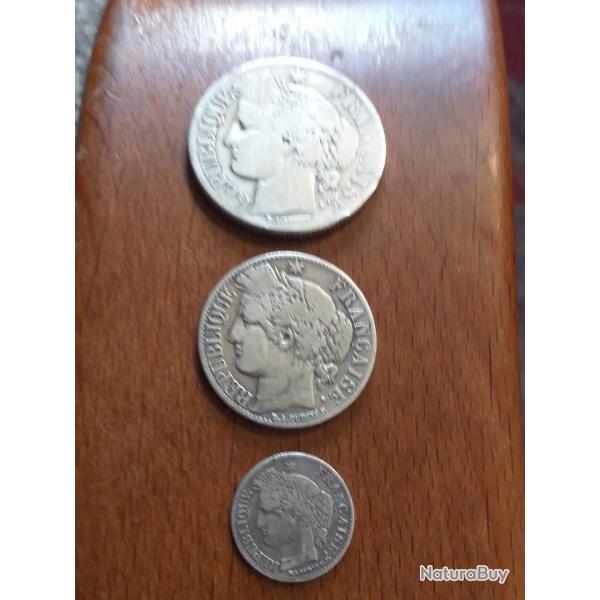 Lots monnaies Ceres argent 2 francs, 1 franc, 20 centimes