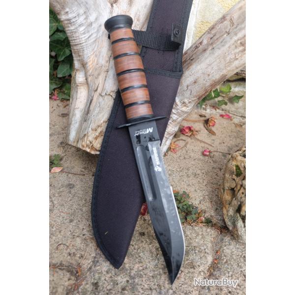 Couteau Tactical Marines Combat Mtech Lame Acier 3Cr13 Serr Black Manche Cuir Etui Style Ka-bar