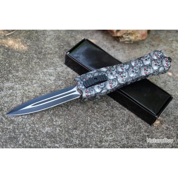Couteau Automatique OTF Out the Front Lame Spear Point Acier Inox Manche ABS Ttes de Mort Skull !!