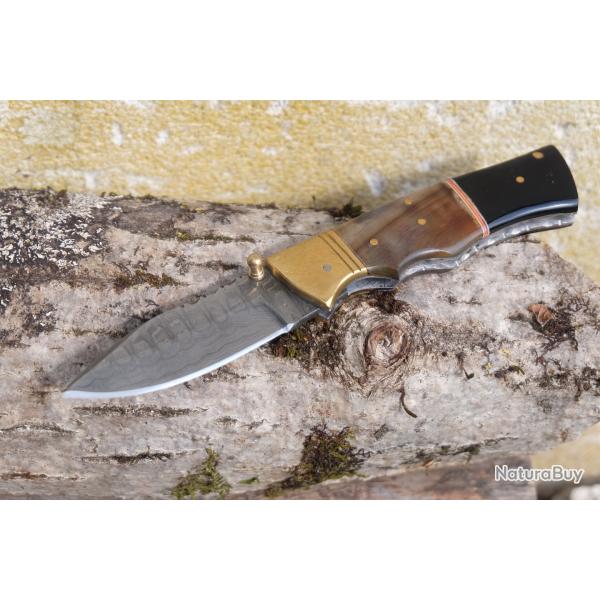 Beau Couteau Damas Lame Drop Point 128 Couches Manche Blier & Rsine Fab Artisanale Linerlock 001