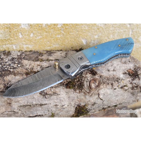 Beau Couteau Turquoise Damas Lame Drop Point 128 Couches Manche Rsine Linerlock Fabric Artisanale